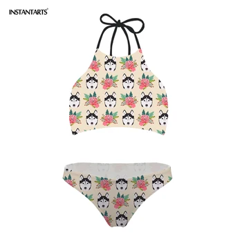 

INSTANTARTS Husky Flower Bikinis 2018 String Swimwear Women Biquini Brazilian Push Up Bikini Set Beach Swimsuit Bathing Suit