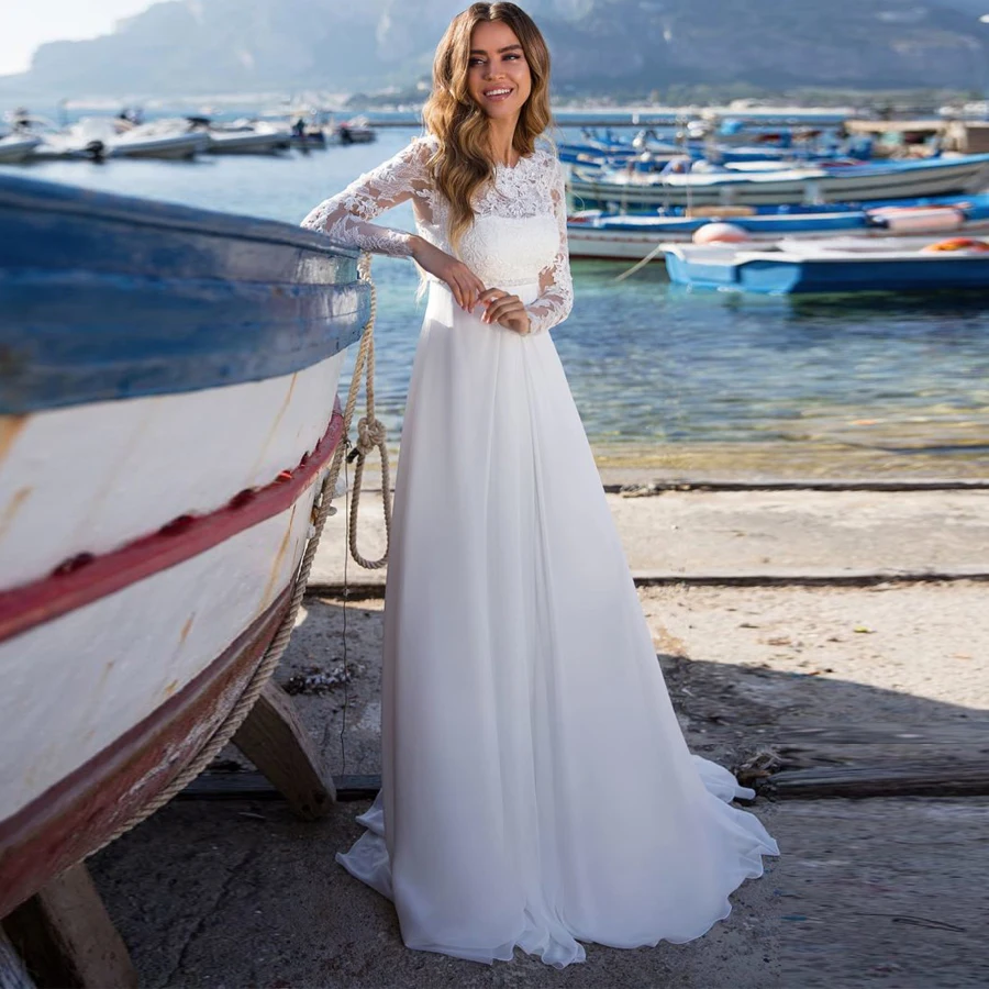 HTB17JsIayrxK1RkHFCcq6AQCVXafWeilinsha Cheap Chiffon Wedding Dresses O-neck Long Sleeves Summer Beach Wedding Dress Bridal Gowns Vestidos De Novia