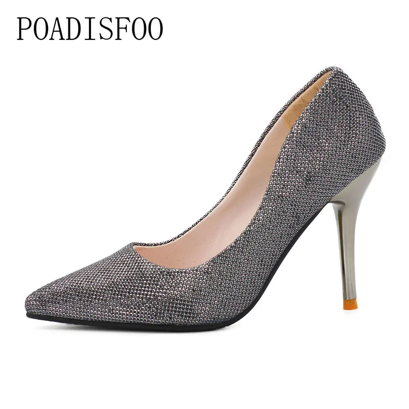 

POADISFOO 2018 Spring Summer Women Occupational high heels Pumps for lady thin heel Sexy Grey Color shoes .FLT-898