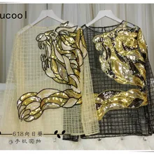 Cakucool Женская весенне-летняя сетчатая блузка с вышитыми драконами и бисером, прозрачная рубашка с блестками, тонкие золотые блестящие блузы, рубашки для женщин