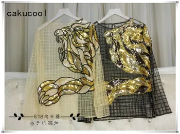 

Cakucool Women Spring Summer Mesh Blouse Dragon Beaded Embroid Shirt See-through Sequined Slim Gold Bling Blusas Shirts Female