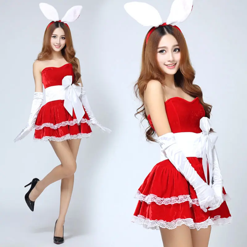 Взрослое сексуальное дамское рождественское нарядное платье головной убор с ушами кролика красный праздничный костюм Санты Рождественский наряд