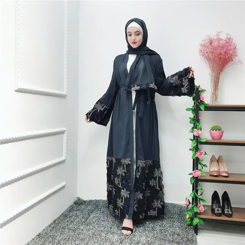 Abaya Дубайский мусульманский женское кружевное платье открытый передний кардиган Jilbab халат Длинные Макси платья кимоно Винтаж Рамадан