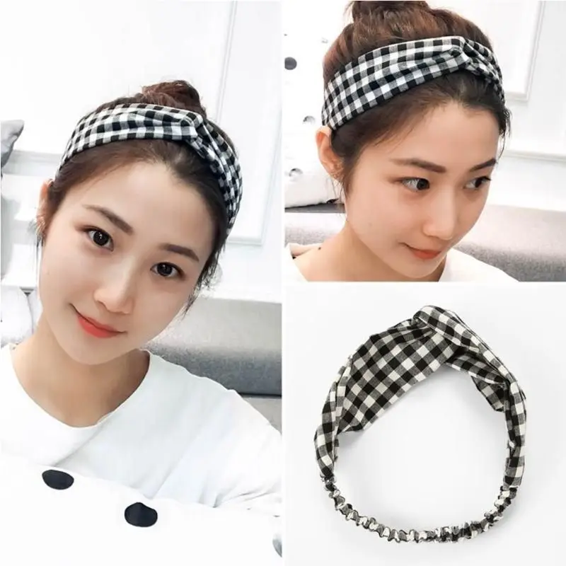 

Women Girls Stretchy Wide Headband Vintage Plaid Checkered Printing Hairband Twist Criss Cross Knotted Makeup Wash Face Turban