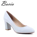 Bacia Sheep Skin Shoes Women Square Heels Pink Black Pumps Round Toe Medium Heel Genuine Leather Quality Shoes Size 33-41 SA011