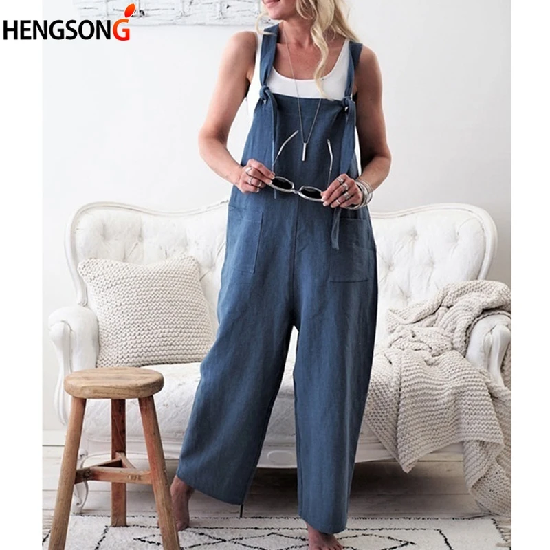 

Women Overalls Wide Leg Pants Vocation Dungarees Solid Casual Jumpsuits With Pockets Long Trousers Loose Lace Up Playsuits