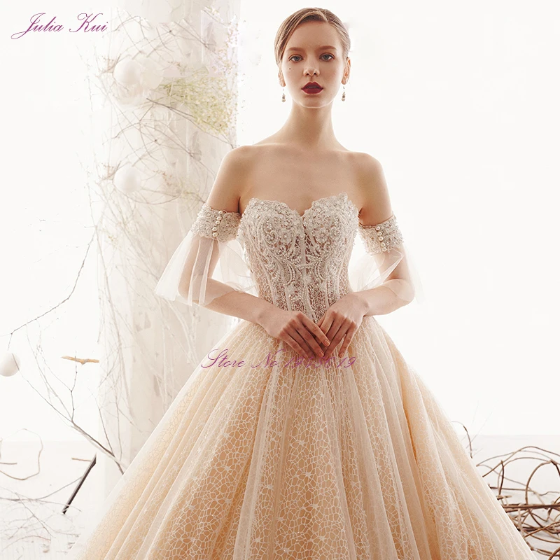 Julia Kui блестящее бальное платье из вуали, расшитое бисером и жемчугом, свадебное платье,, принцесса, милая, на шнуровке, часовня, поезд, свадебные юбки