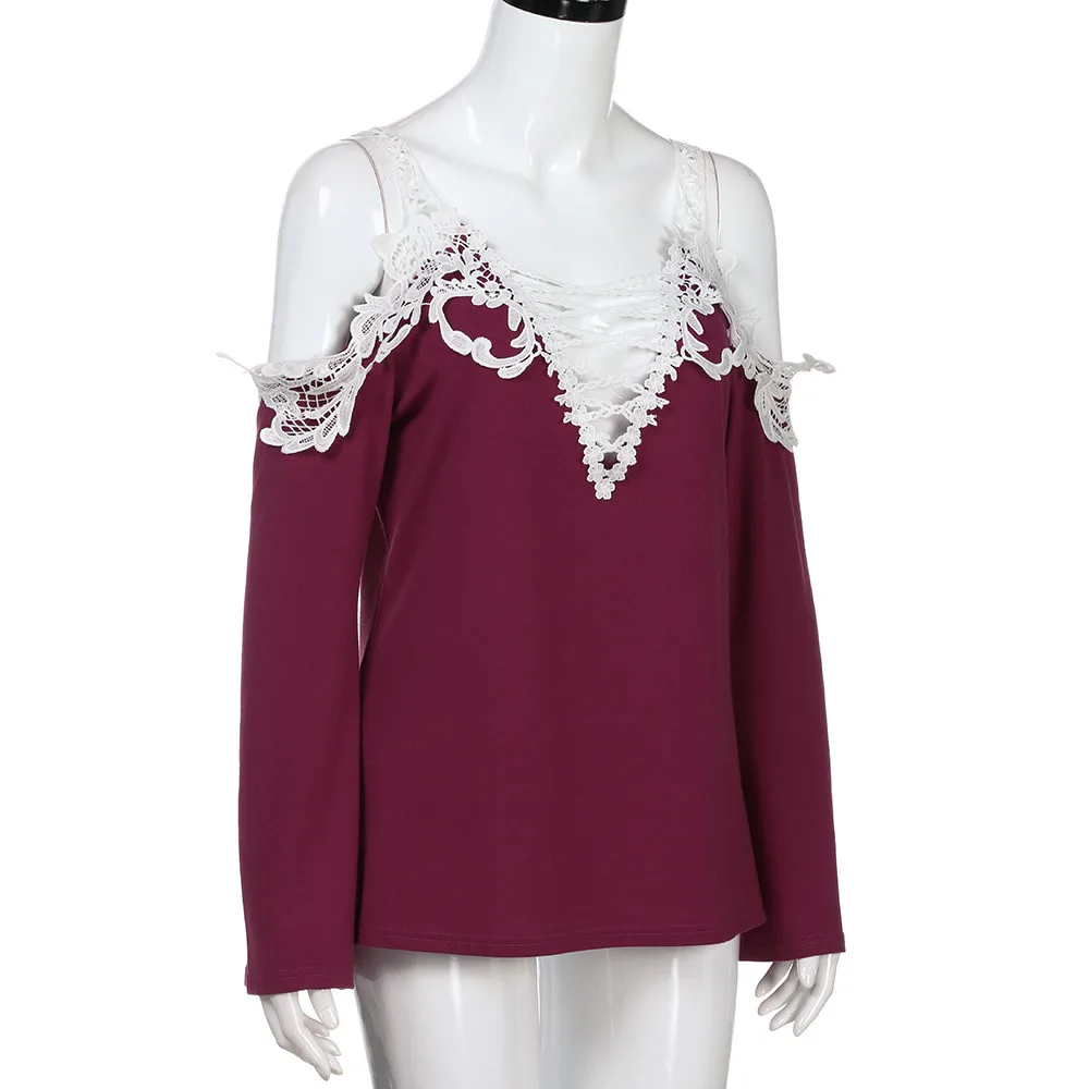 CHAMSGEND Женская кружевная рубашка с открытыми плечами Повседневная рубашка с длинными рукавами Топы для женщин блуза Прямая 1M20