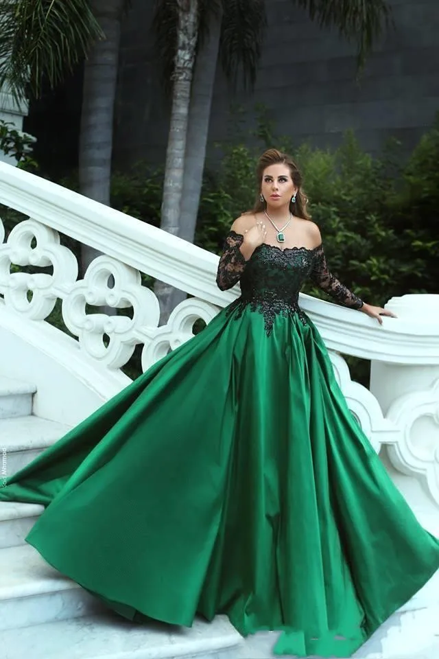 Изумрудно-зеленое черное кружевное вечернее платье, длинное элегантное вечернее платье с вырезом лодочкой и длинным рукавом, официальное вечернее платье в стиле ампир, официальное вечернее платье