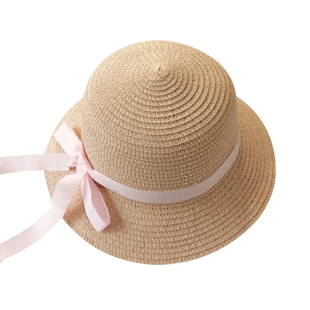 Girls Summer Cap Black Ribbon Decorate Wavy Straw Hat For Girls Children Panama Hat Kids Sun Cap Baby Beach Hats pink pink ribbon