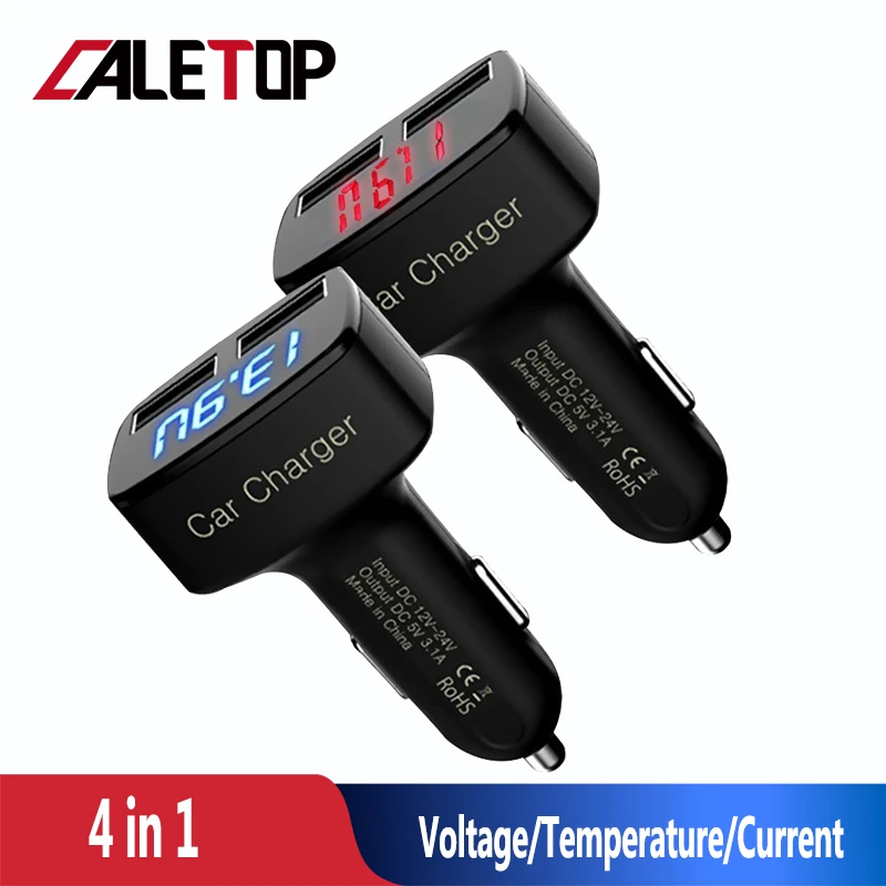 

CALETOP Dual USB Car Charger 5V 3.1A Universal 4 in 1 with Voltage/Temperature/Current Meter Tester Adapter Digital LED Display