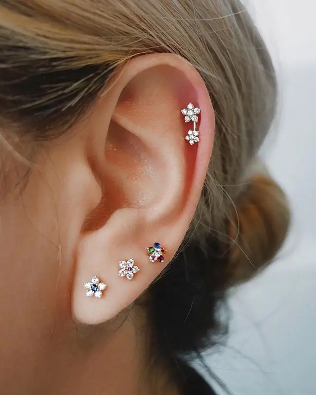 

rainbow colorful flower stud earring for women girl minimal 5mm multi piercing earbone stud gold color lovely 925 silver earring