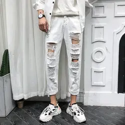 Летние новые белые джинсы мужские модные прямые повседневные рваные джинсовые брюки мужские уличные хип-хоп свободные брюки 9th мужская