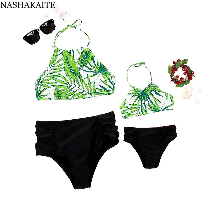 Семейные купальники NASHAKAITE, тропический зеленый купальник с листьями, подходящие купальники для мамы, дочки, папы и сына, одежда для мамы и меня