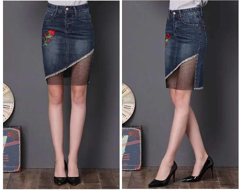 rose embroidered splicing denim skirt 2017 autumn fishing net package hip skirts large size needlework female skirts GL1050 (7)