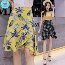 Новая Корейская версия длинных секций печатных шифон женщин был тонкий нерегулярный гофрированный рыбий хвост юбка