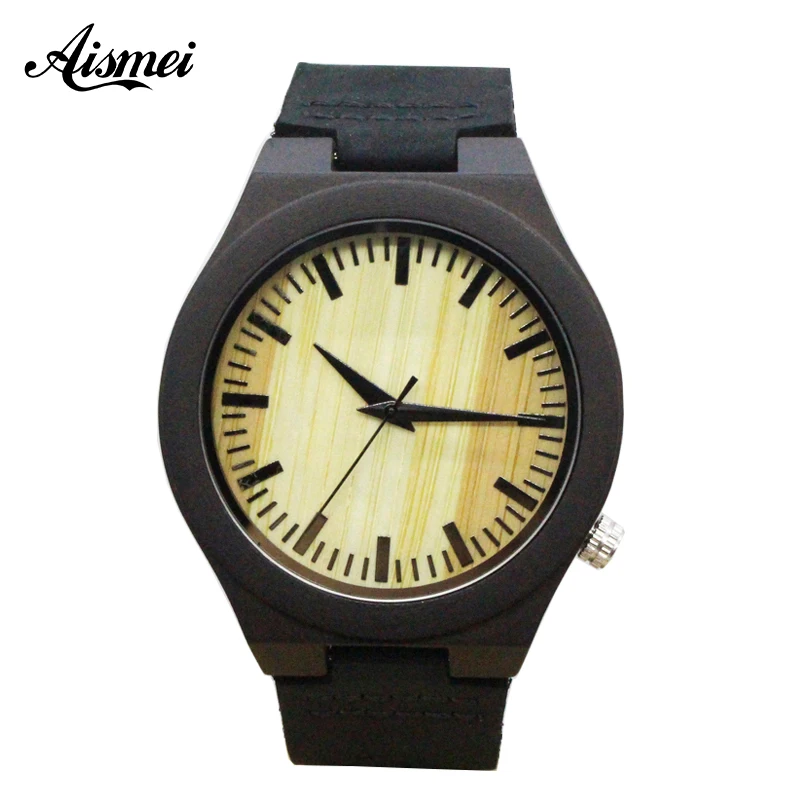 

2018 Fashion Black Wood Watch Men Women Genuine Leather Band Quartz movement Wooden Wrist watches for gift relogio masculino