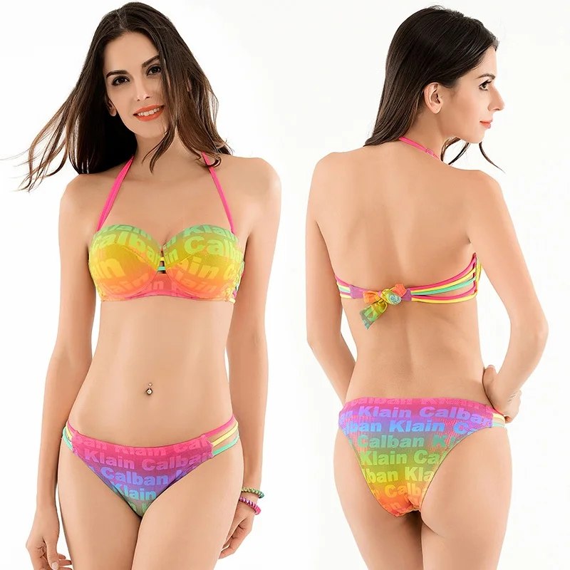 

Orang Bikinis Women Push Up Swimsuit 2017 Strappy Swimwear Low Waist Bathing Suit Halter Letter Print Bikini Set