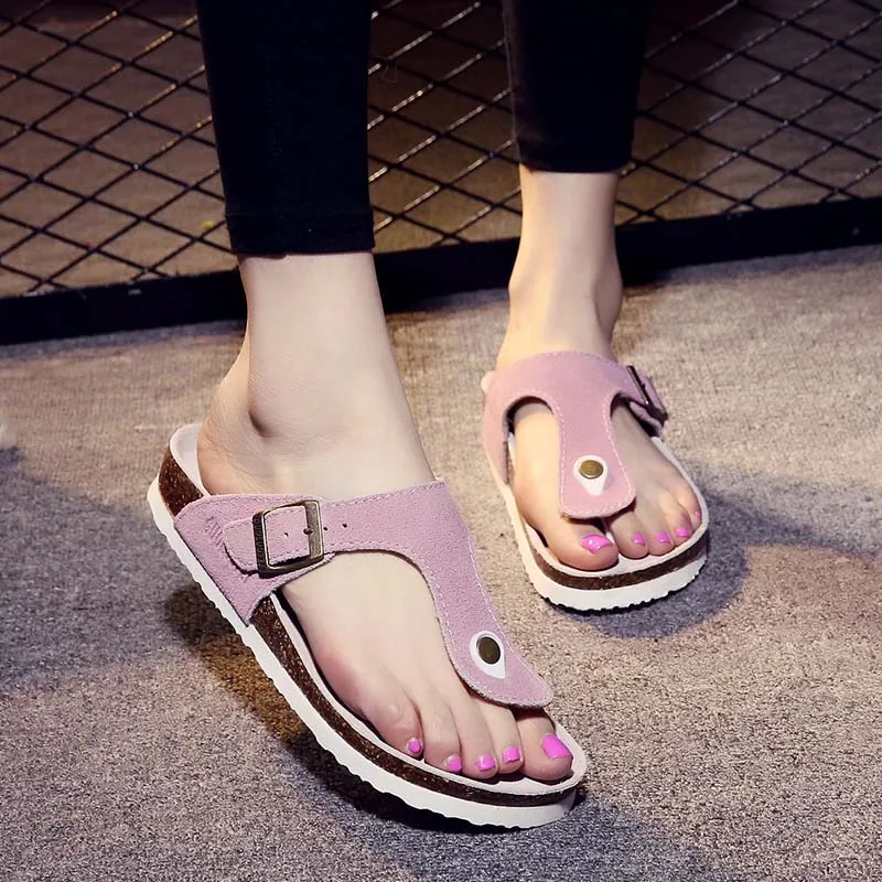Летние женские замшевые туфли сабо из коровьей кожи; высококачественные мягкие пробковые Вьетнамки; женские сандалии - Цвет: pink