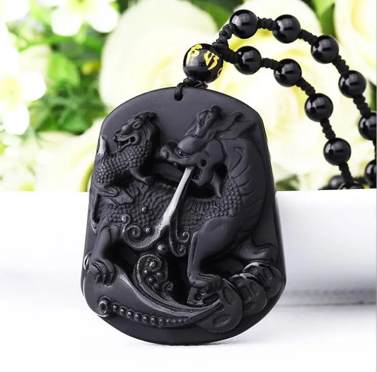 

100% Natural obsidian hand carved Kirin beautiful Lucky Amulet pendant necklace