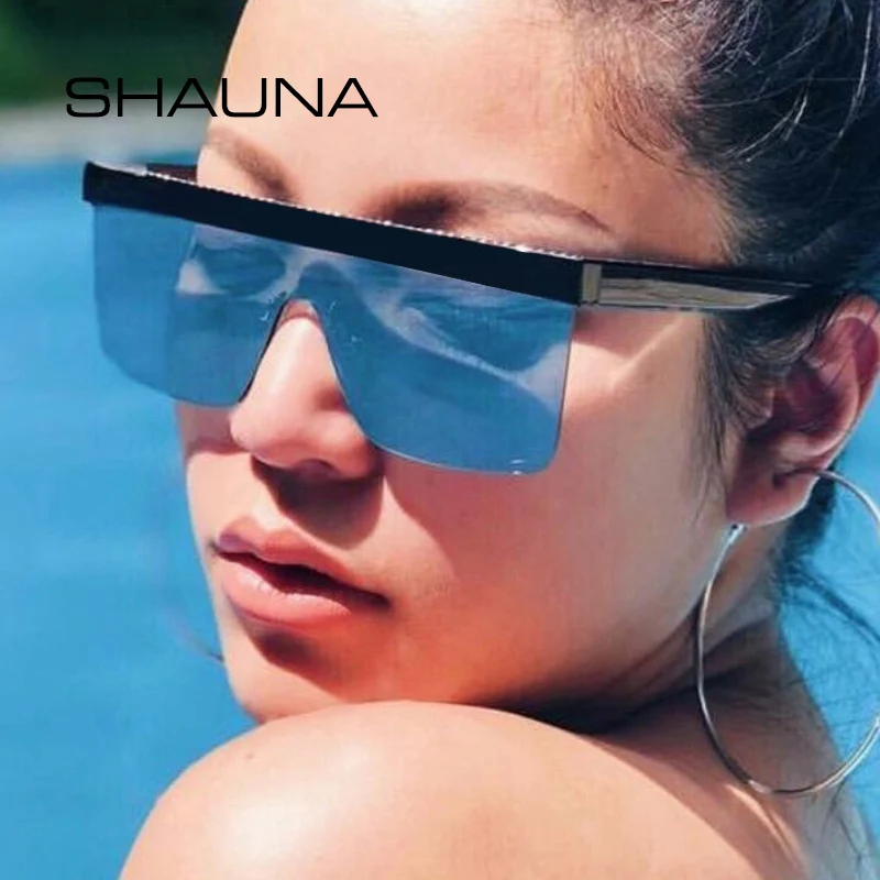 

SHAUNA Metal Chain Flat Top Oversize One Piece Sunglasses Women 2019 New Arrival Half Frame Cool Square Sun Glasses Men