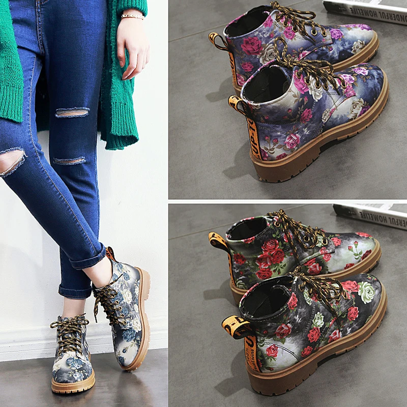 

CHANGYUGE Brand Women Martin Shoes Sapato Feminino Zapatos Mujer Lace-Up Fashion Casual Spring Autumn Flower Print Women Boots