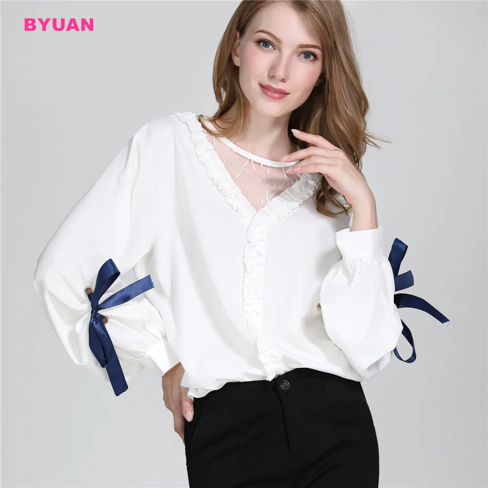 BYUAN Blusa de oficina con manga para mujer, con lazo, color blanco, Otoño, 2018|Blusas y camisas| -