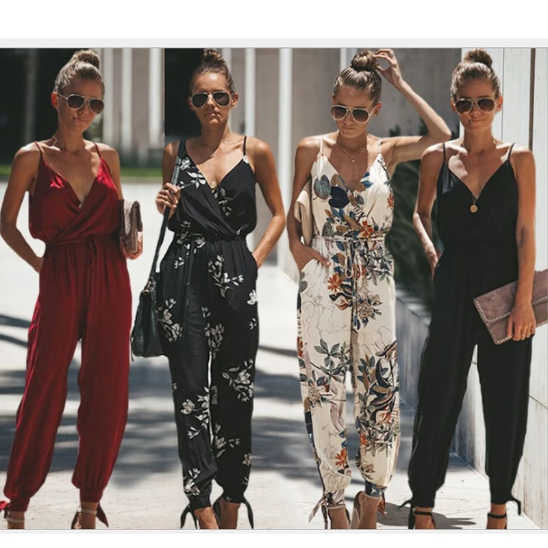 

LY5501 Spaghetti Strap Beach Boho Floral Print Romper Women Beach Dress Jumpsuit Strappy Sexy V Neck Wrap Pocket Playsuit Tunics
