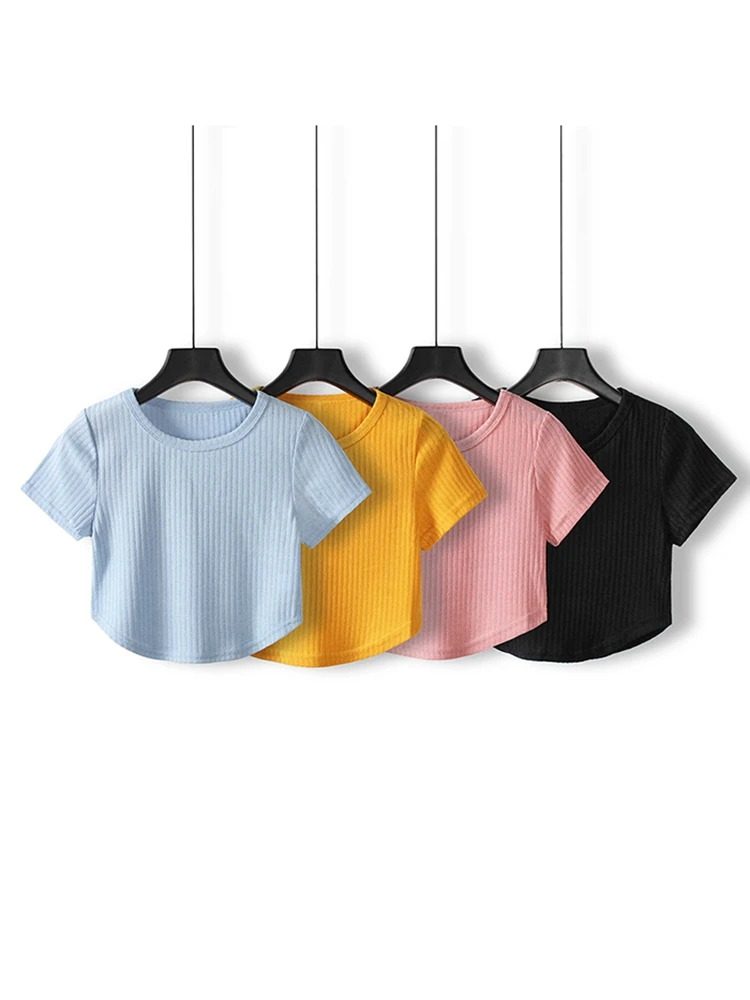 О образным вырезом Sexy Rib Crop Top Дамы футболка с коротким рукавом футболка короткая однотонная Базовая тонкий стрейч футболки 2019 новое