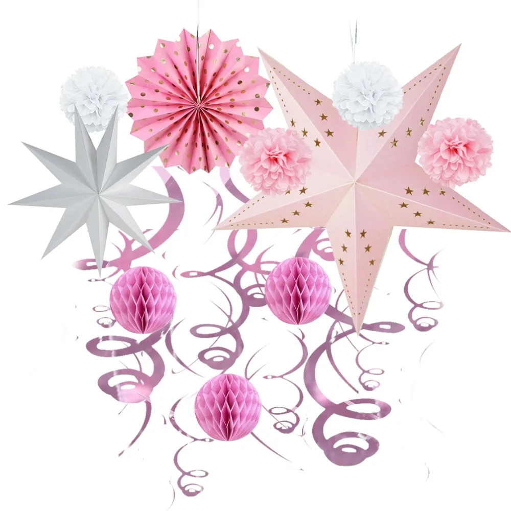 

Set of 11 Pink Birthday Party Decorations Romantic Star Lanterns Pom Poms Honeycombs Fans Baby Shower Wedding Birthday Decor