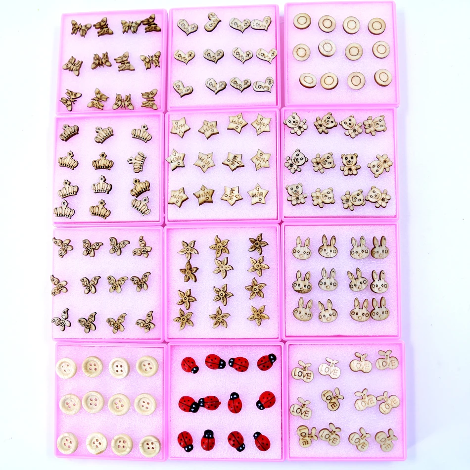

Factory Wholesale Directly Cheap Anti Allergy Plastic Stick Wooden Cartoon Animal Design Stud Earrings 6pairs/box
