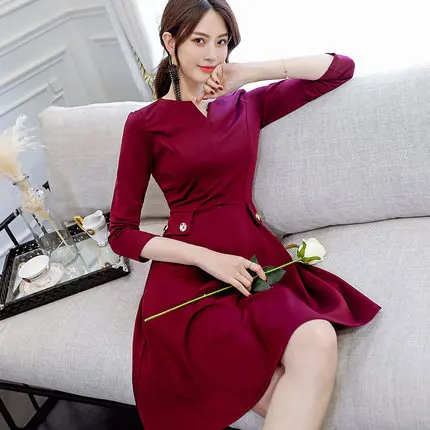 

Good Quality Vintage Noble Women Spring Autumn A-Line Solid V-Neck Long Sleeve Button Bodycon Dress Empire Slim Knee-Length XXL