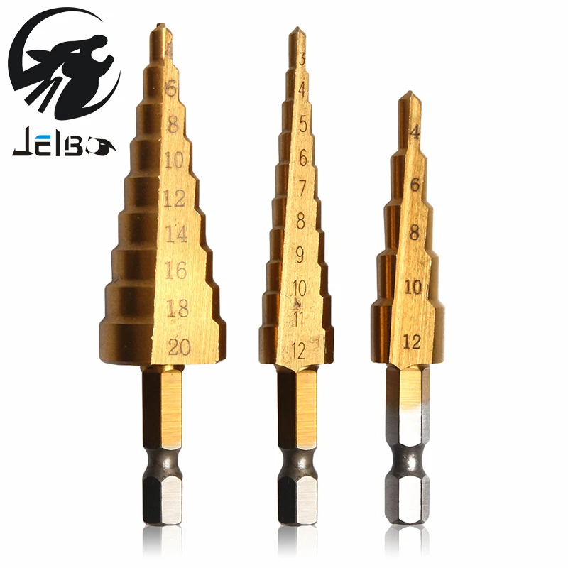 

Jelbo Step Drill High Quality 3pcs/set Wood Drilling Titanium HSS Step Drill Bits Woodworking Power Tools Metal Hole Opener
