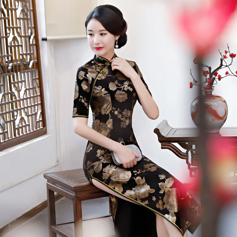 Черный позолота бархат Cheongsam винтаж с цветочным принтом Длинные Cheongsam Плюс размеры 3XL Традиционный китайский женское платье элегантный