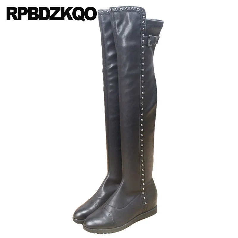 

flat thigh high black autumn boots fur rivet designer shoes women luxury 2018 fall over the knee riding brand round toe stud