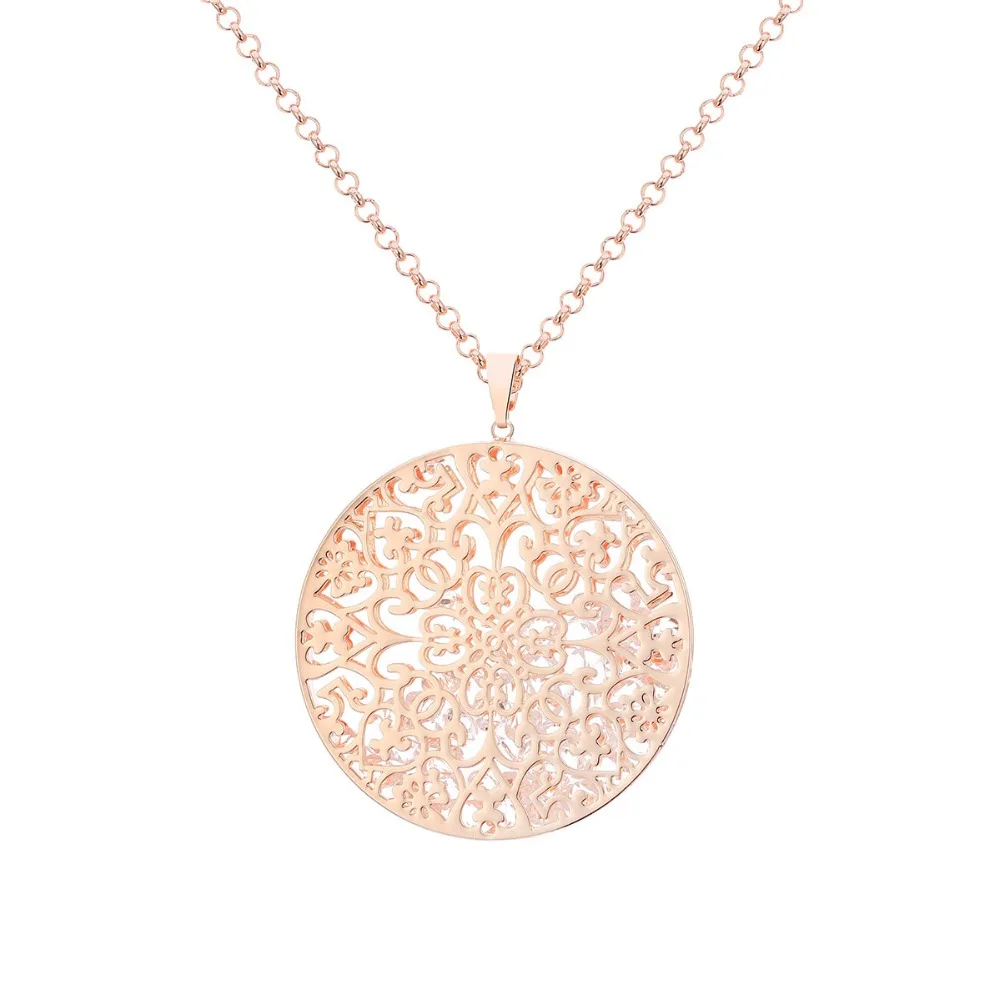 

Vintage Big Round Hollow Pendant Necklace Flower Sweater Long Chains Rose Gold Crystal Inside Collier Jewelry For Women Gift New