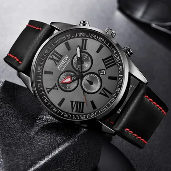 

2019 XINEW Men Watch Leather Band Sports Date Analog Alloy Military Quartz Watch Man Watches Mens Relogios Masculino Reloj Hombr