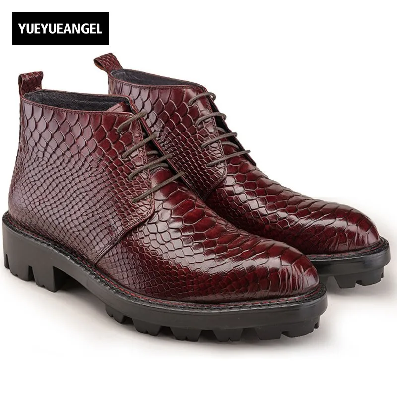 

Winter New British Thick Platform Increasing Boots Mens Leather Boots Crocodile Pattern High Top Shoes Male Night Party Footwear