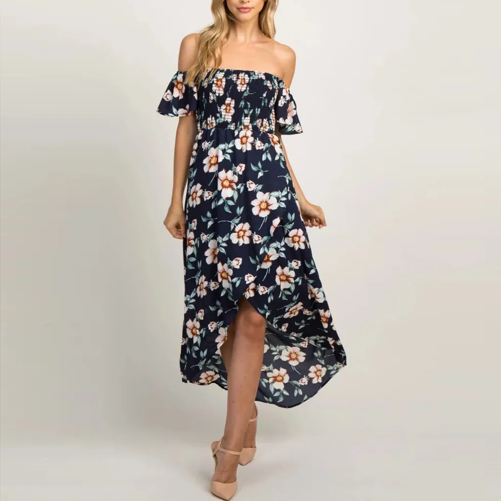 

pregnancy dress vestido Womens Pregnant Off Shoulder Floral Print Irregular Maternity Long Dress MM602