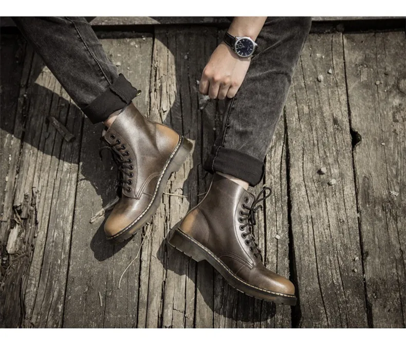 Мужские ботинки больших размеров на шнуровке из натуральной кожи, байкерские ботинки, Мужская обувь в британском стиле, уличные