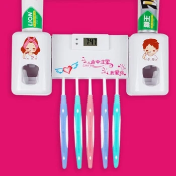 

HotUseful 1PC 2 in 1 Automatic Toothpaste Dispenser with 5 Toothbrush Holder Set Wall Mount Stand With Clock