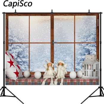 

Capisco Christmas decoration Bay Window Snow Scenic Photography Backgrounds Custom Photographic Backdrops For Photo Studio