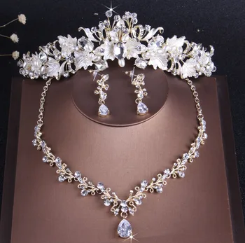 Baroque Vintage Gold Crystal Leaf Pearl Costume Jewelry Sets Rhinestone Choker Necklace Earrings Tiara Crown Wedding Jewelry Set