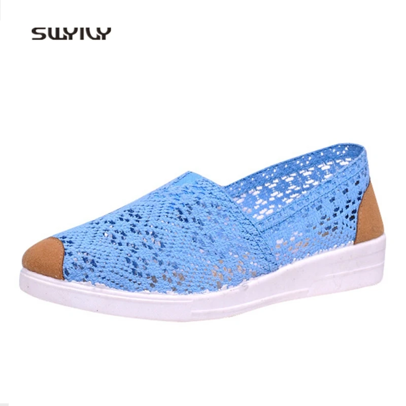 SWYIVY Walking Shoes For Women Lace Breathable Wedge 2018 Hollow Low Top Ultra-light Lady Shoes Comfortable Female Walking Shoes