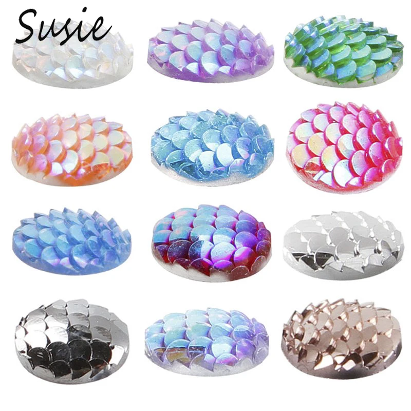 

10Pcs 12mm Gradient Colored Fish Scale Resin Round Dome Cabochon Flat Back DIY Crafts Decoration Jewelry Embellishment Accessory