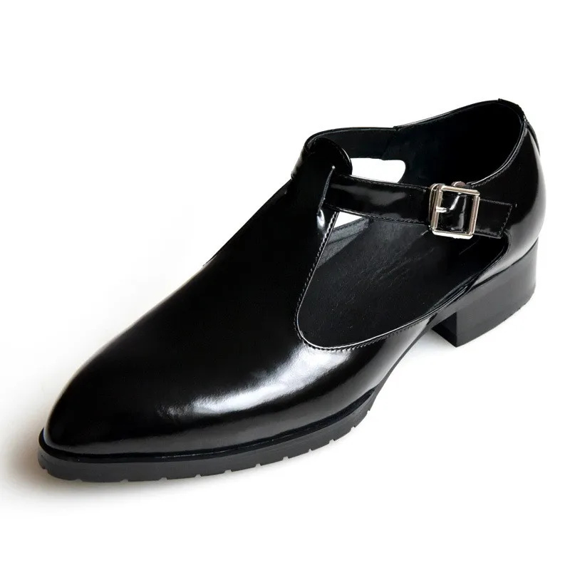 Мужские роскошные босоножки из натуральной кожи с острым носком; Цвет Черный; ; летние модельные туфли в деловом стиле; повседневная обувь с пряжкой; мужские сандалии; обувь - Цвет: black