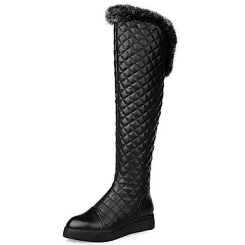 Femmes Zapatos Peluche Plataforma Véritable Genou Black Blanc white En Noir Chaussures Bas Talons Cuir Bottes Haute Mode Mujer Plaid Neige SSCqZwr