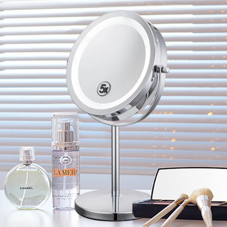 6 Inch 5x Magnification Cosmetic Makeup Mirror Round Shape 2Sided Rotating Magnifier Mirror LED Light Makeup