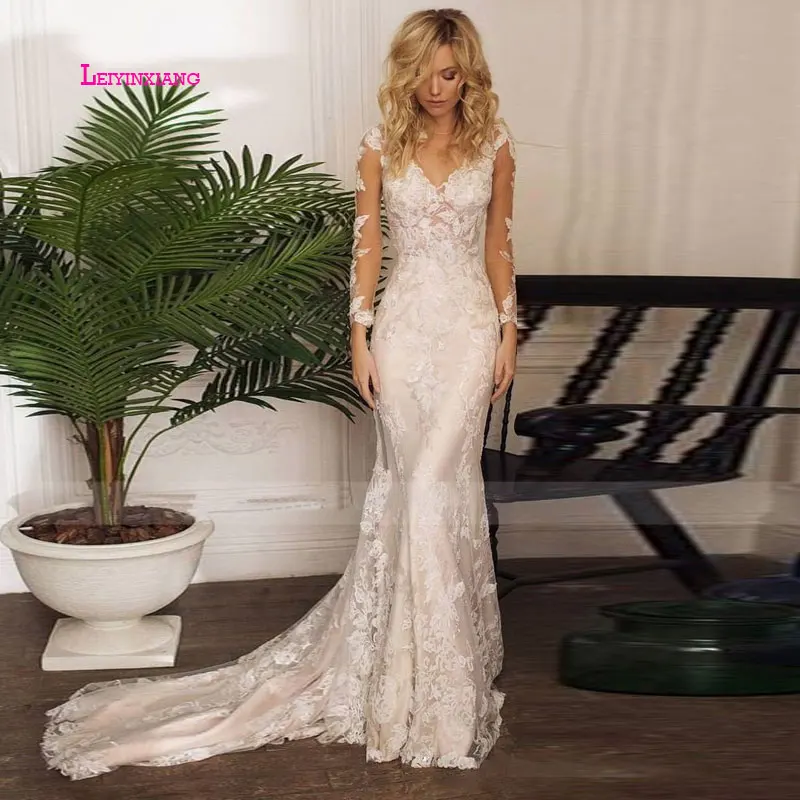 

LEIYINXIANG 2019 Popular Sexy Mermaid Backless Appliques Lace V-Neck Bride Dress Wedding Dresses Vestido De Noiva Sereia Robe