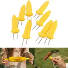 Venda quente 10 unidades/pacote duplo dente espetos churrasco garfo de frutas milho titular churrasco garfo garpu ferramenta amarelo zq896202